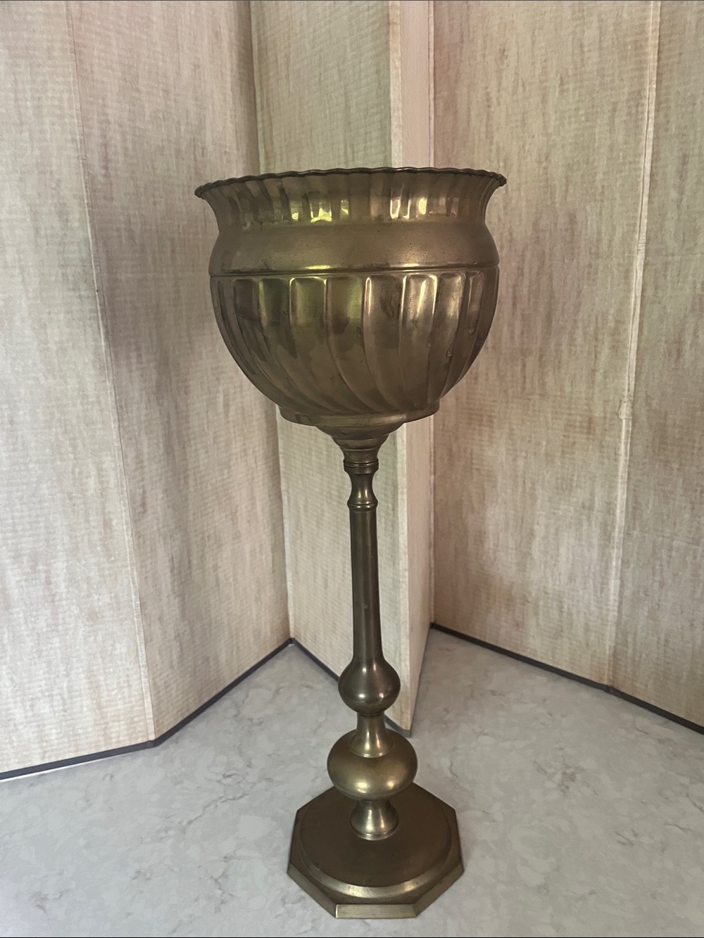 Vintage MCM brass pedestal plant jardinie’re stand champagne cooler.
